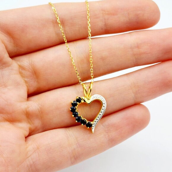 Sterling Silver Gold plated Heart Shaped with 7 Genuine Blue Sapphire Pendant - Picture 2 of 7